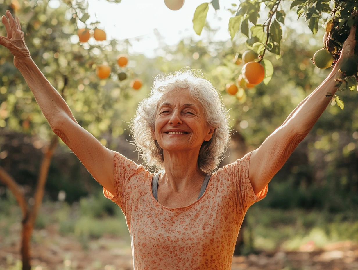 Щаслива старша жінка, що практикує йогу